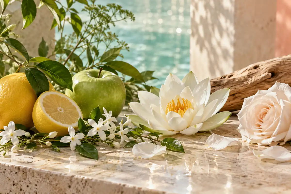 Limón, manzana verde, rosa blanca, jazmín y loto sobre piedra junto al agua