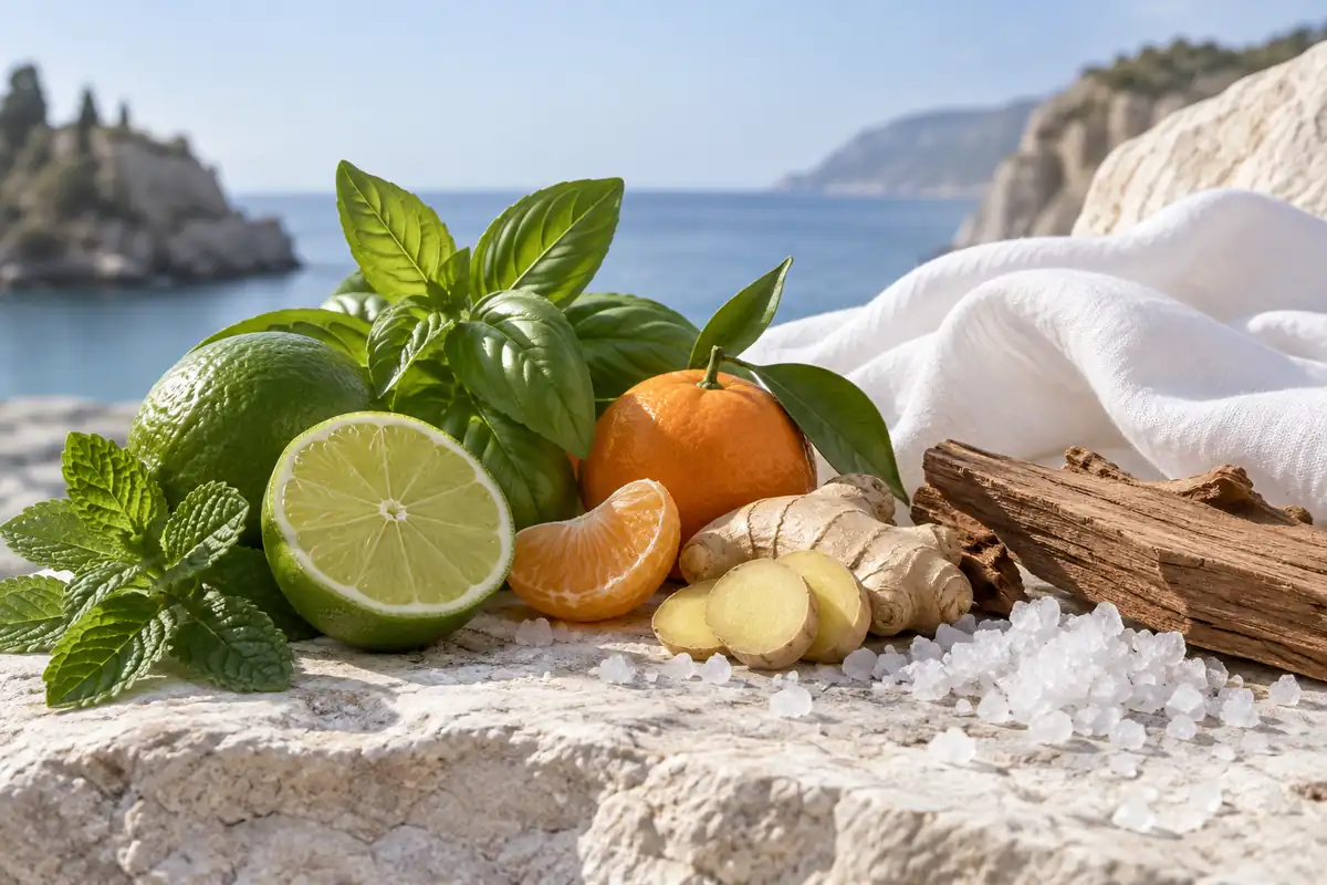 Lima, mandarina, albahaca, menta, jengibre, cedro y sal sobre piedra clara