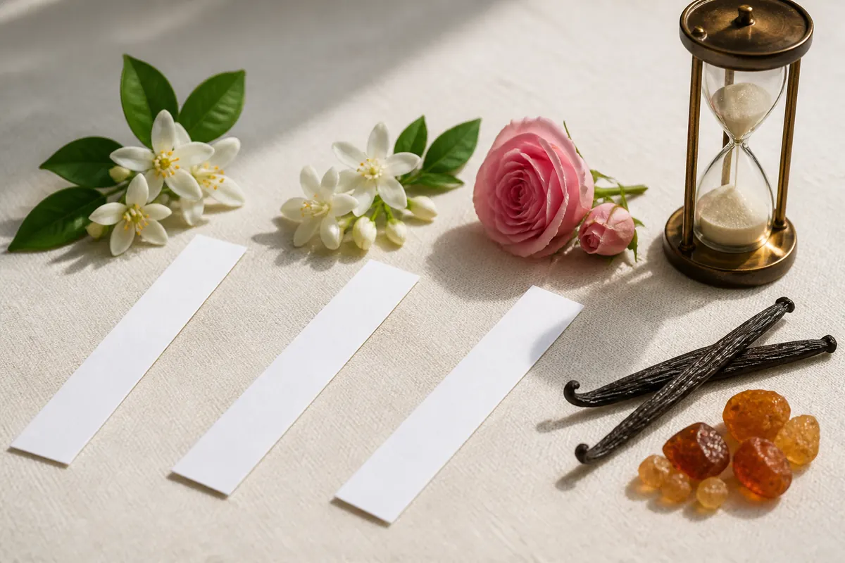 Tiras olfativas, flores, vainilla, ámbar y reloj de arena para probar la evolución de un perfume