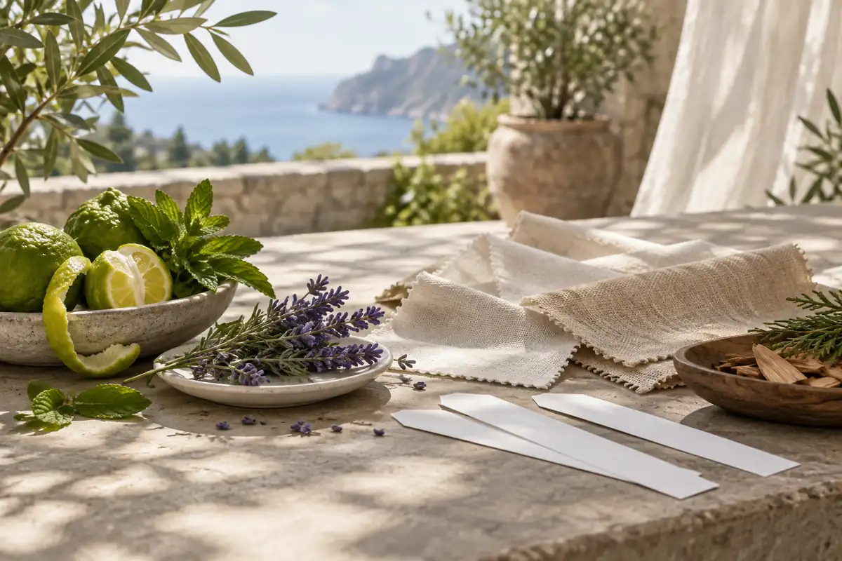 Muestras de lino y algodón con cítricos, menta, lavanda y cedro en una terraza