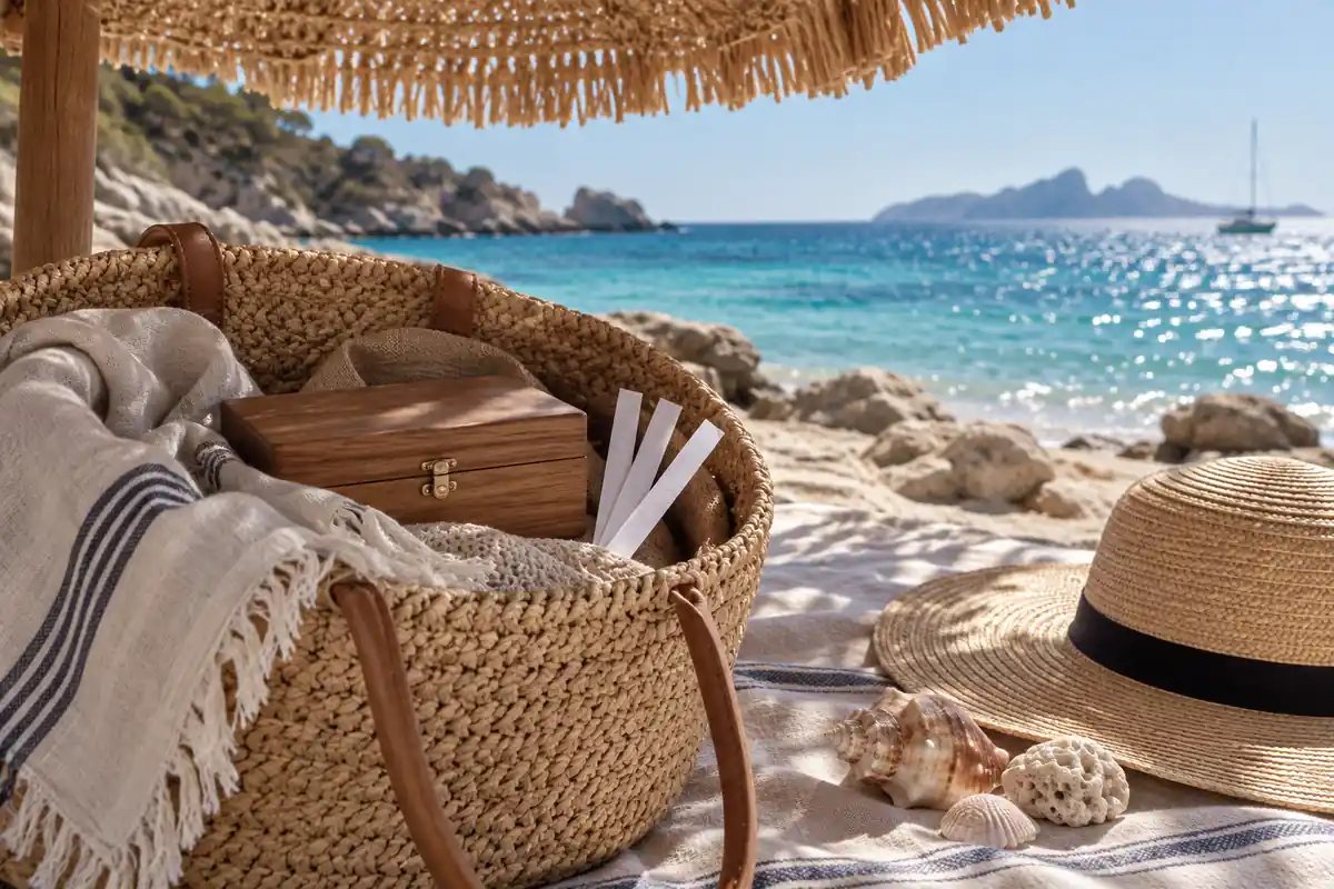 Bolso de playa bajo una sombrilla con caja protectora, lino y tiras olfativas en blanco