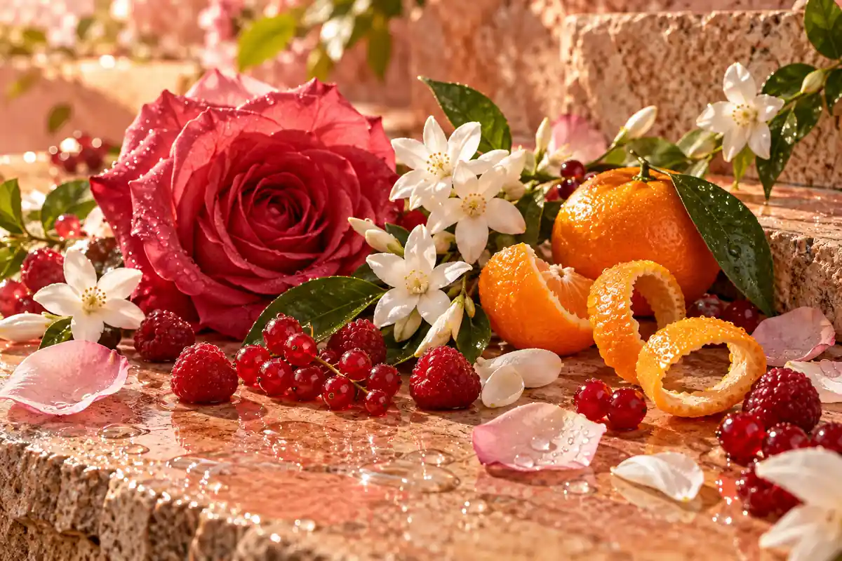 Frutos rojos, mandarina, rosa y jazmín de un perfil romántico similar a Cacharel