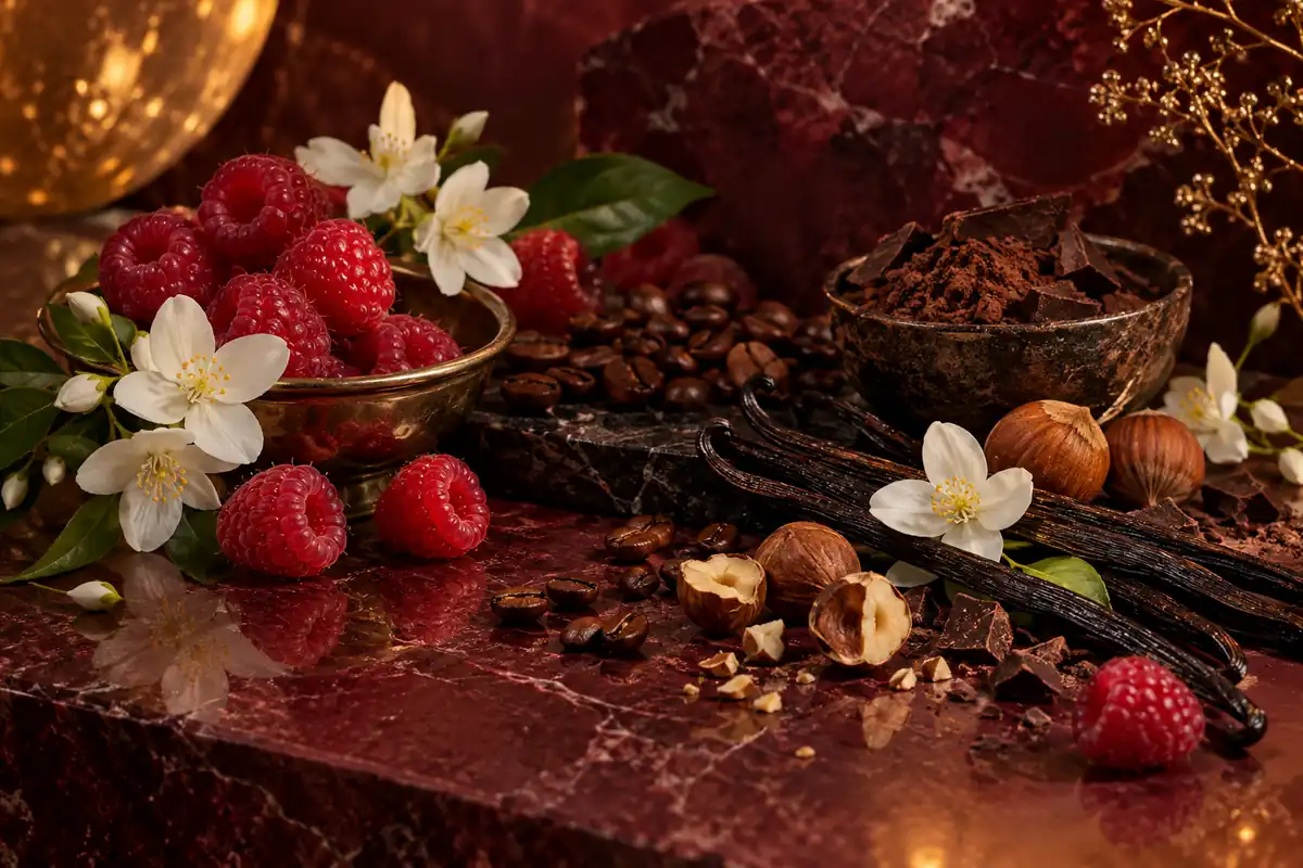 Frambuesa, jazmín, café, vainilla y cacao de perfumes similares a Cacharel