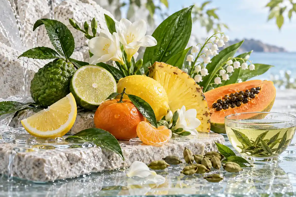 Limón, bergamota, mandarina, piña, papaya, té verde y cardamomo del perfil equivalente a CK One