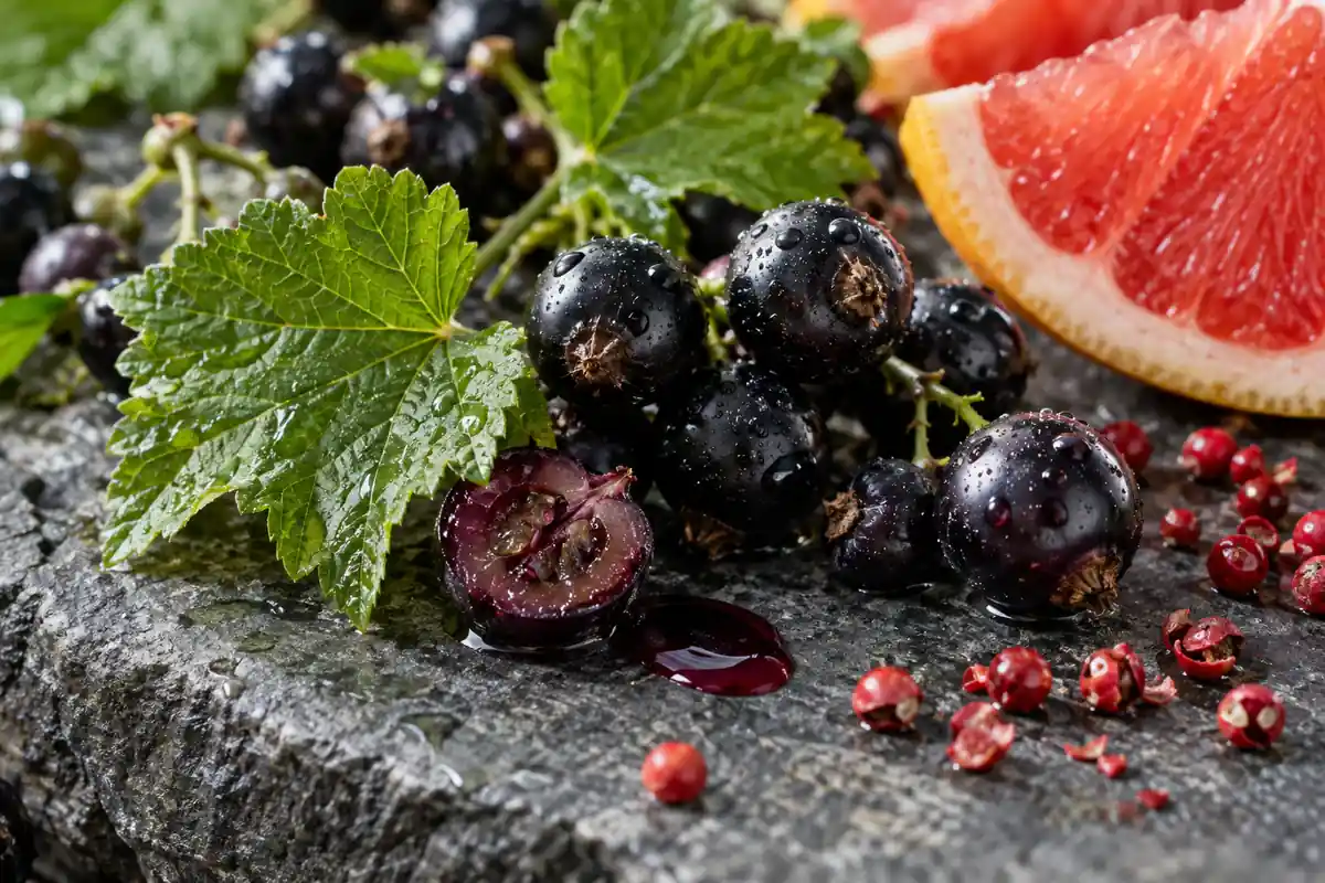 Grosellas negras húmedas con hojas verdes, pomelo y pimienta rosa