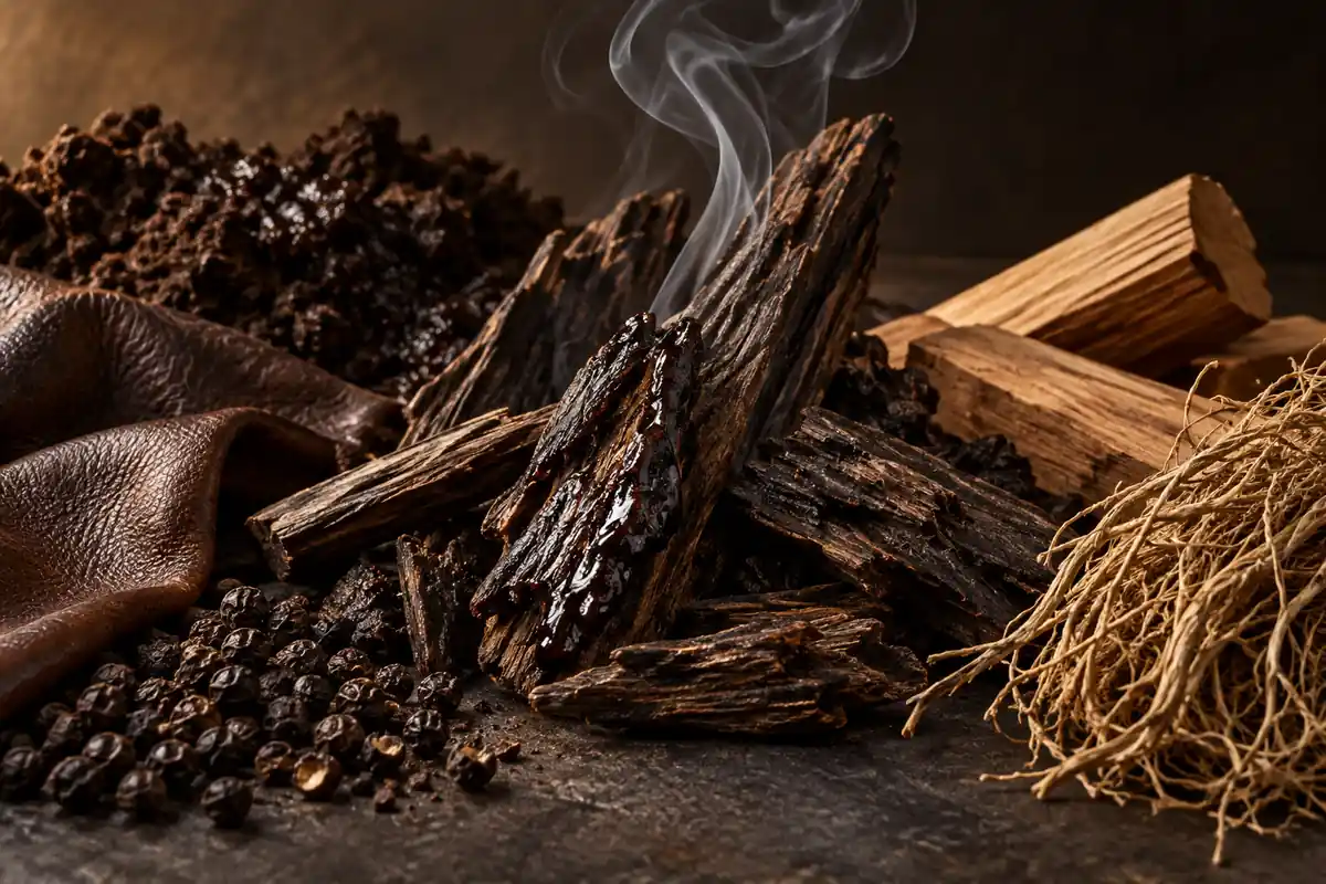 Madera oscura de oud entre resinas, incienso, azafrán, ámbar y pétalos de rosa