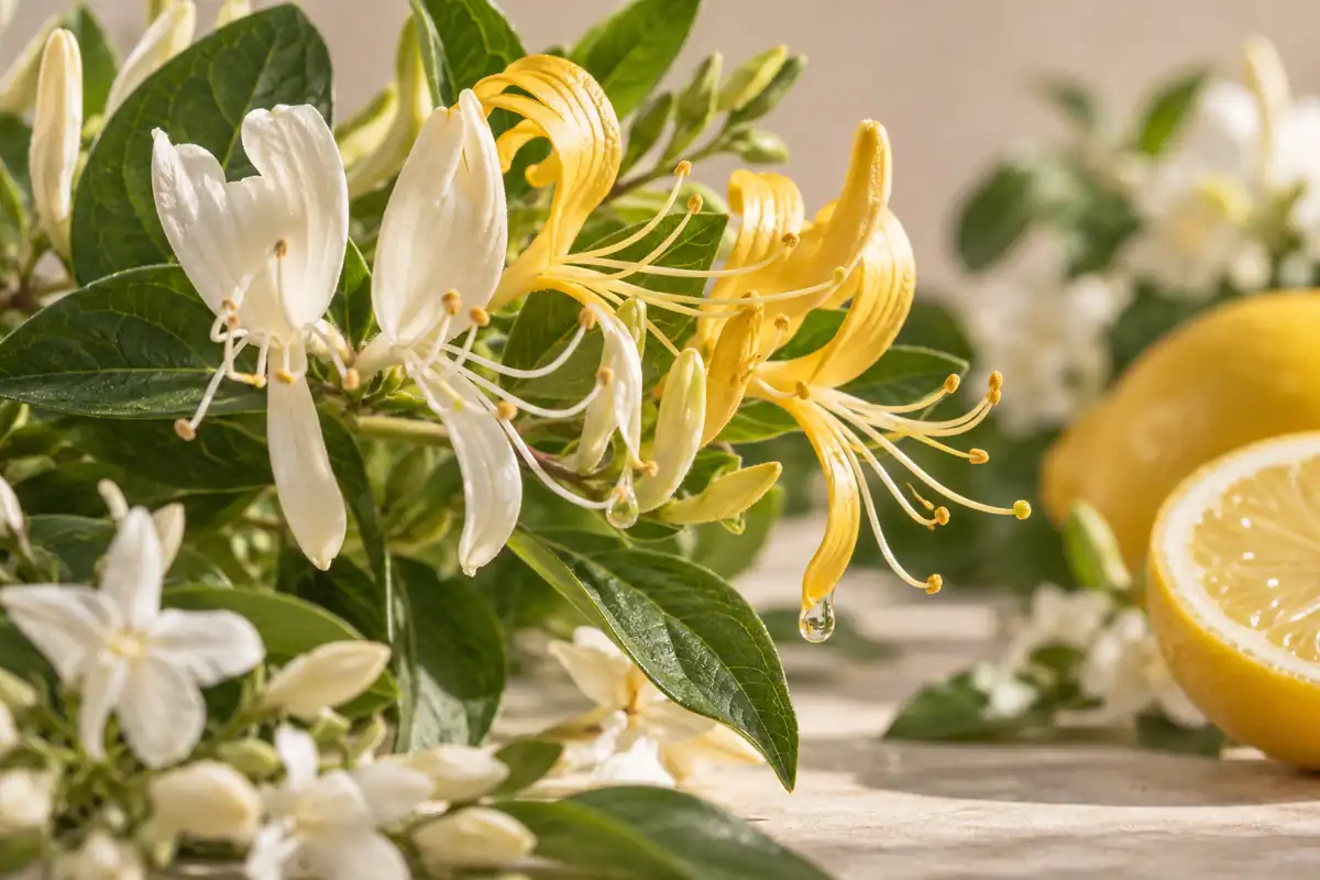 Flores blancas y doradas de madreselva con hojas verdes y limón