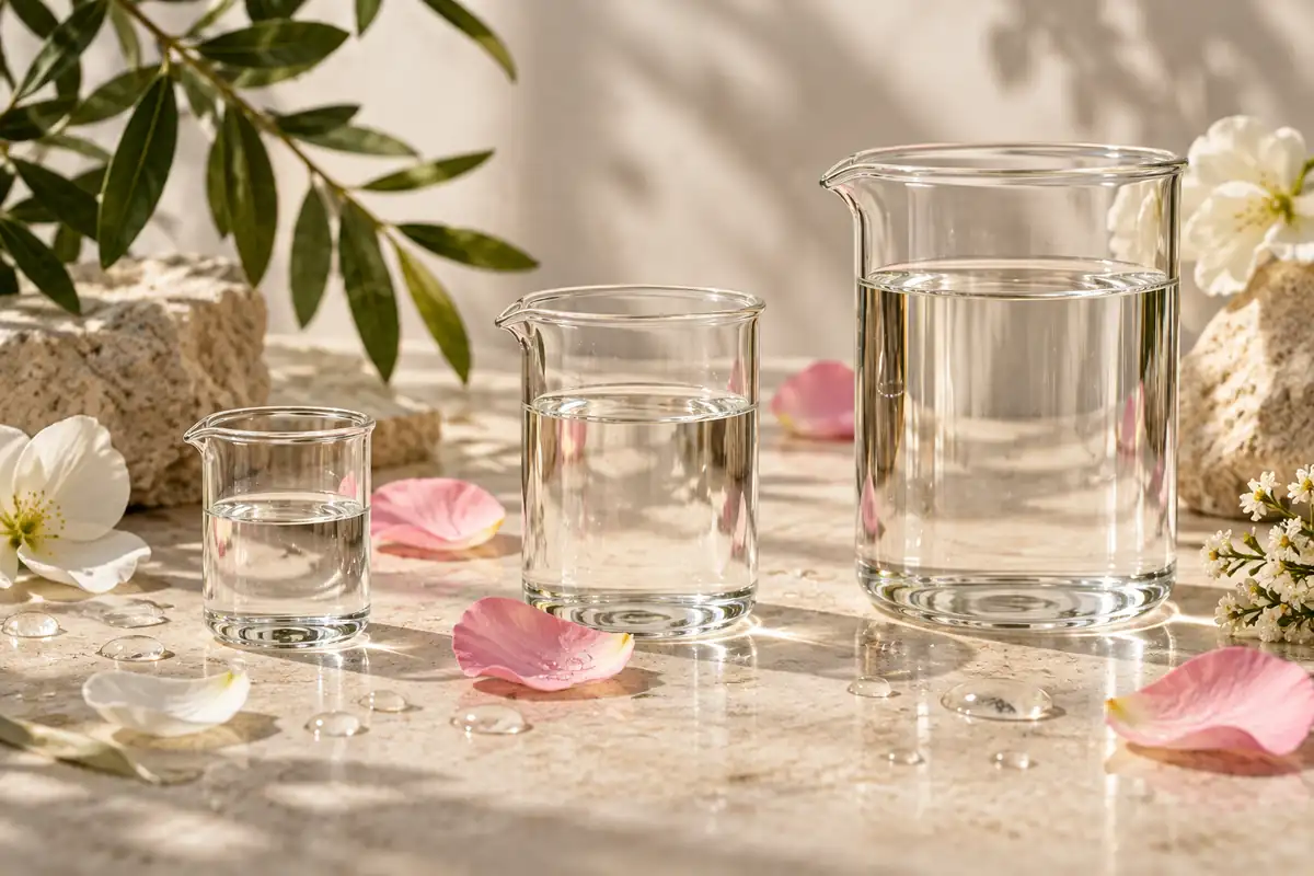 Tres volúmenes de cristal que representan la comparación entre tamaños de perfume pequeño, mediano y grande