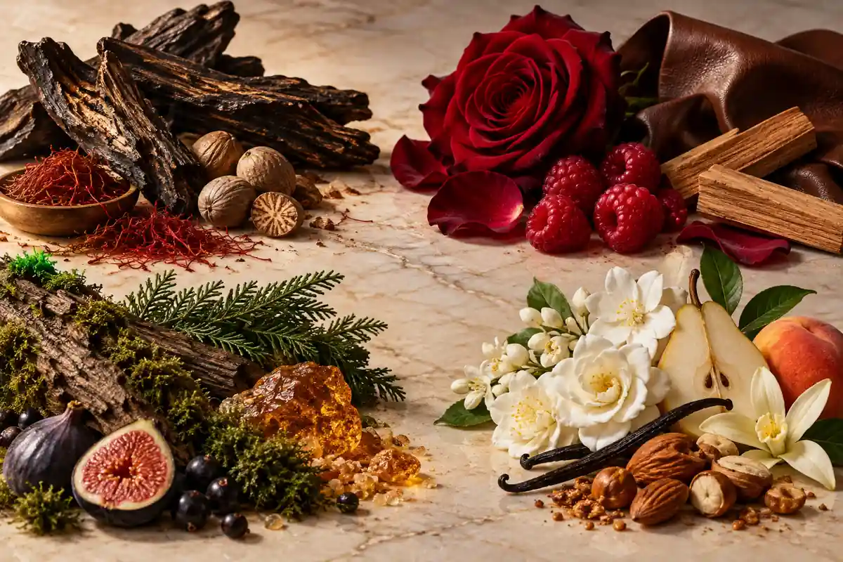 Cuatro perfiles árabes con oud y azafrán, rosa y cuero, maderas y ámbar, flores y frutas