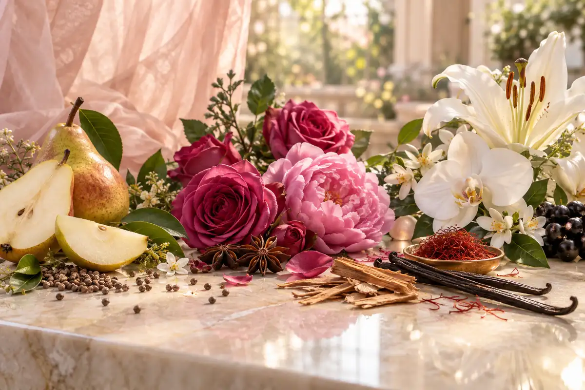 Pera, rosa, iris, anís estrellado y flores blancas de equivalencias femeninas Givenchy