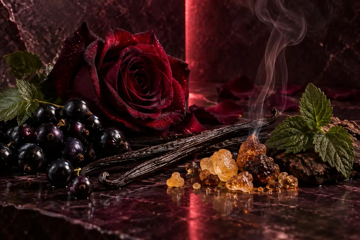 Rosa oscura, grosella, vainilla e incienso de un perfume similar a Lancôme