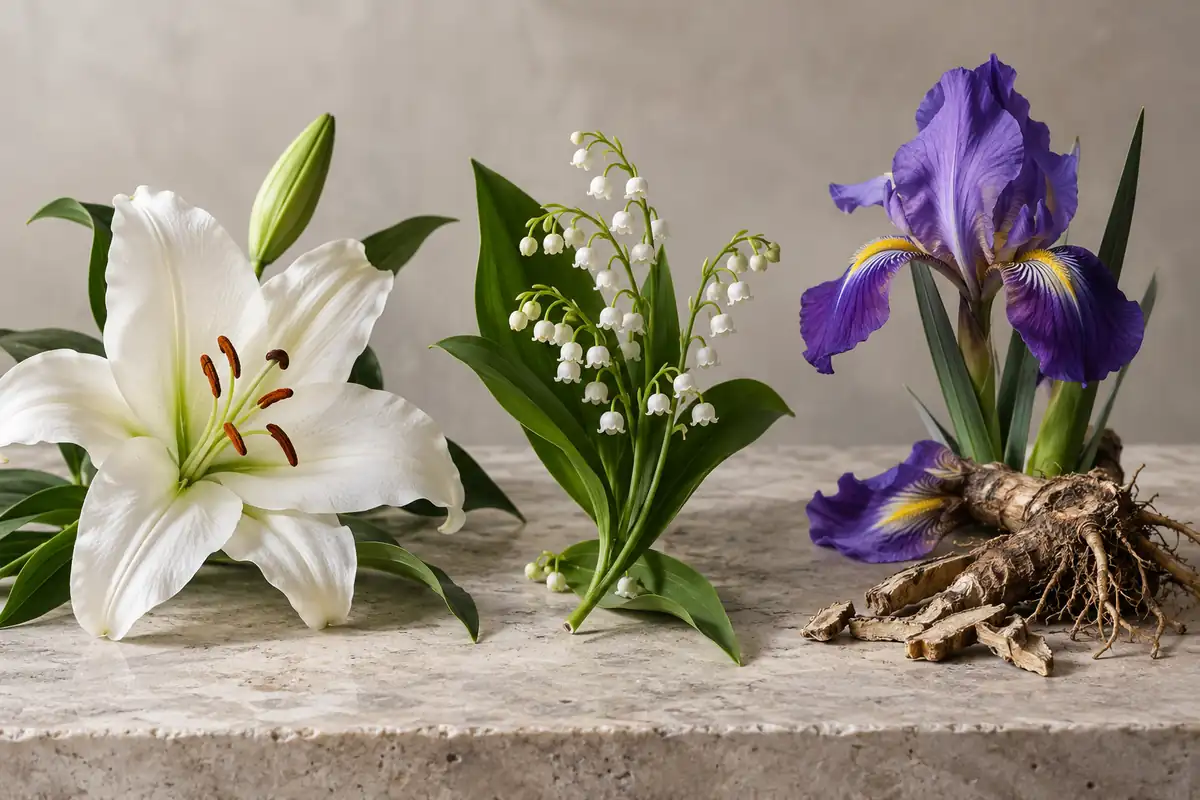 Lirio blanco, lirio de los valles e iris violeta con raíz de iris sobre piedra clara