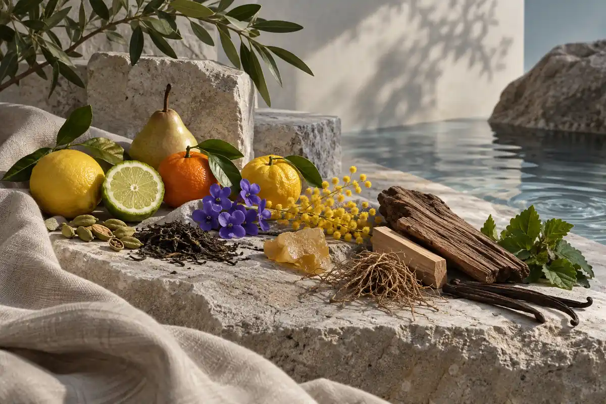 Cítricos, pera, cardamomo, té, violeta, mimosa, cedro y sándalo de perfiles Loewe 001, Earth y Agua