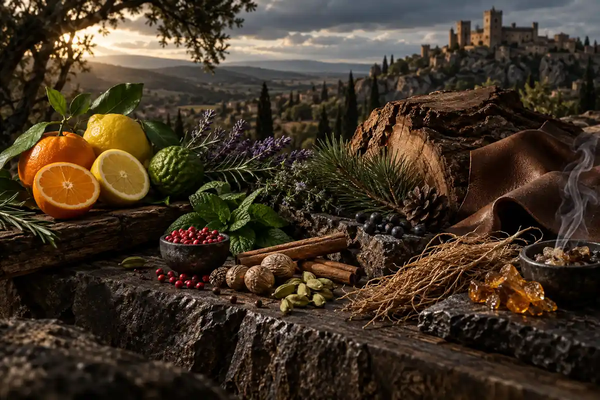 Mandarina, bergamota, lavanda, romero, especias, pino, cuero, cedro y vetiver de equivalencias Solo y Esencia
