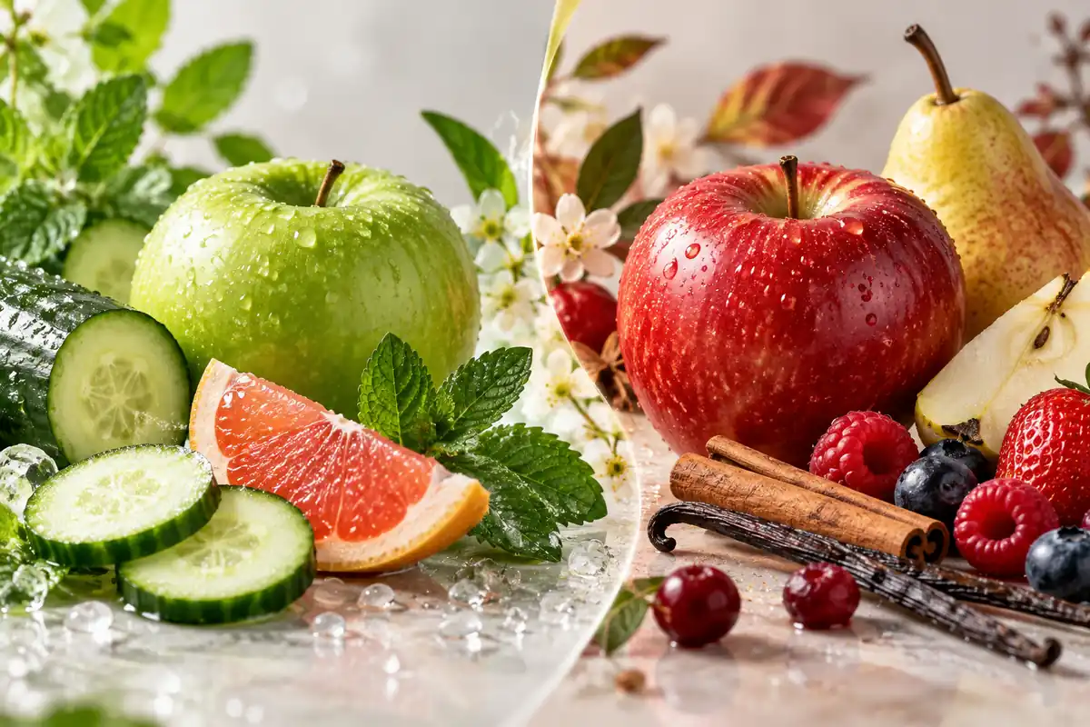 Manzana verde con pepino, pomelo y menta junto a manzana roja con pera, frutos rojos, canela y vainilla