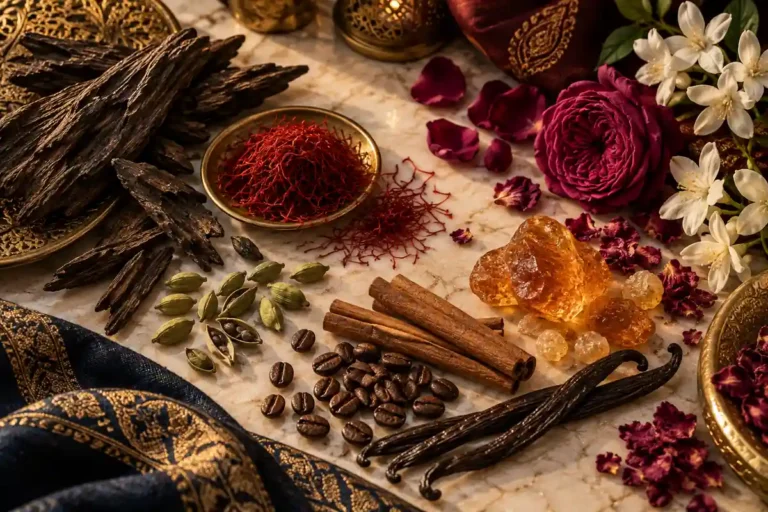 Oud, azafrán, cardamomo, canela, café, vainilla, ámbar, rosa y flores blancas