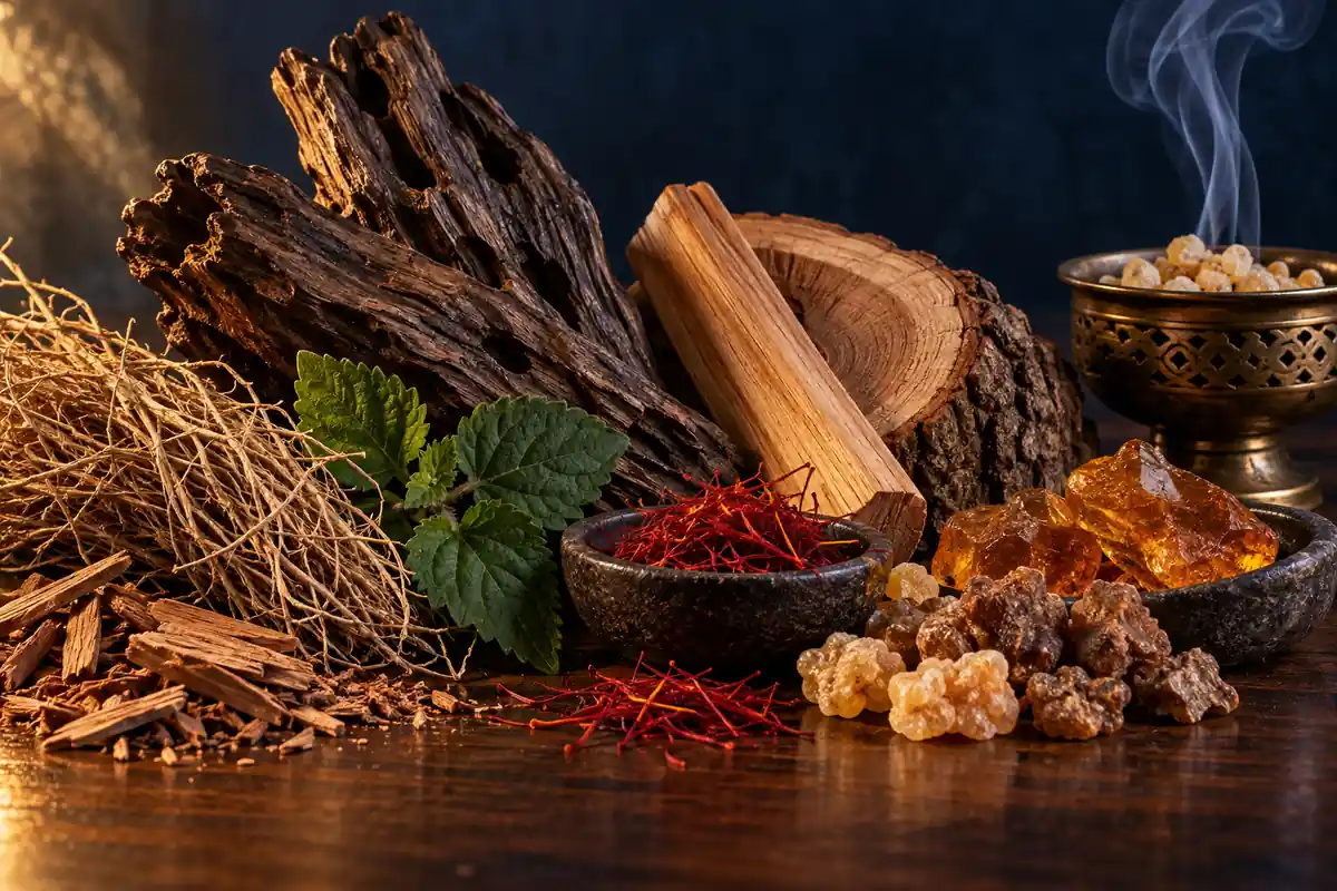 Oud, sándalo, cedro, vetiver, pachulí, incienso, benjuí, ámbar y azafrán