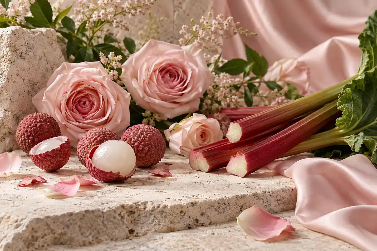 Rosa, lichi y ruibarbo de un perfil floral afrutado similar a Parfums de Marly