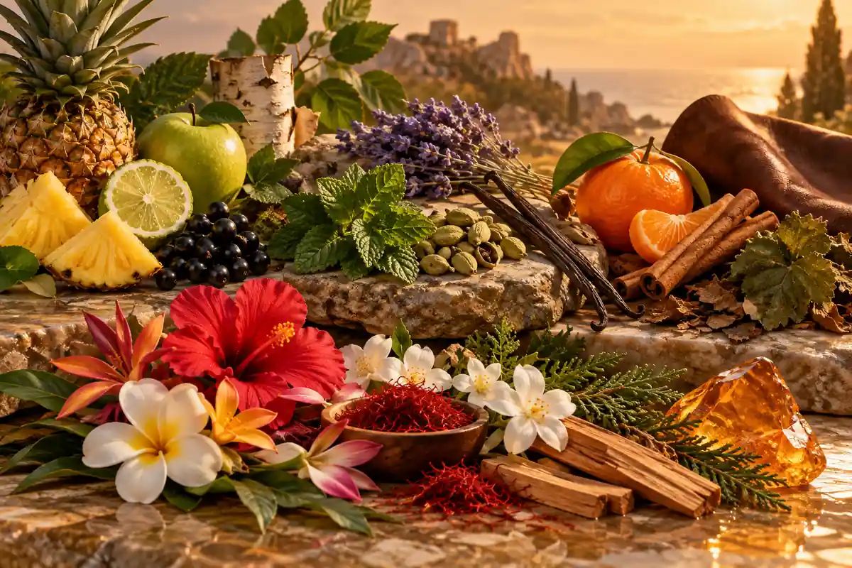 Piña, cítricos, manzana, lavanda, menta, cardamomo, flores, azafrán, canela, cuero, vainilla y maderas