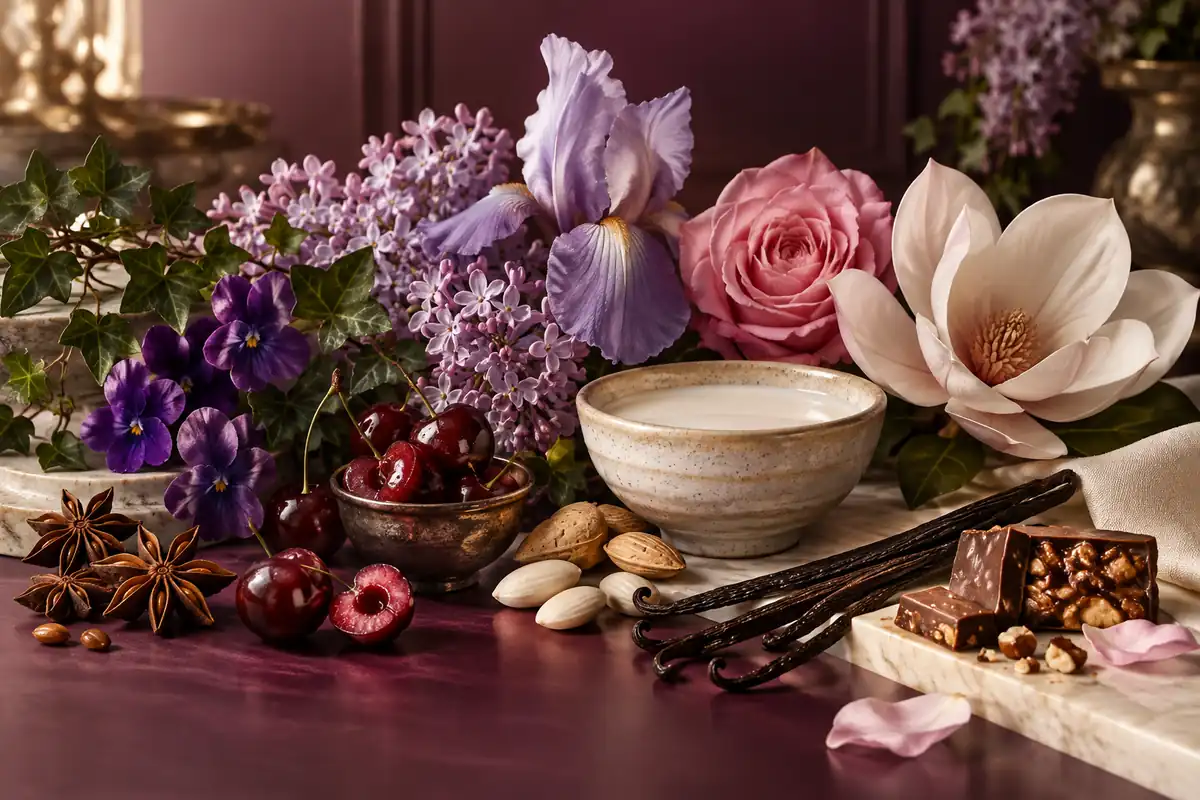 Violeta, lila, iris, rosa, magnolia, cereza, leche de almendra, vainilla y praliné