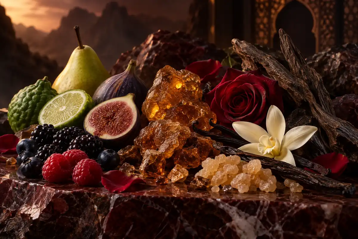 Ámbar, benjuí, vainilla, frutos oscuros, higo, pera, frambuesa, bergamota, rosa y oud