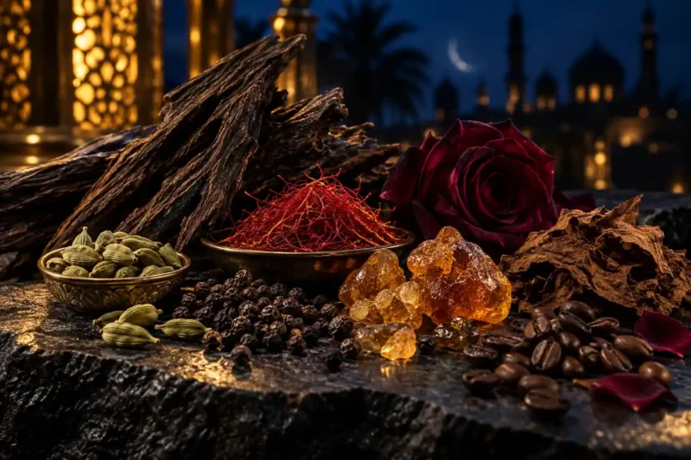 Oud, azafrán, cardamomo, pimienta negra, ámbar, tabaco, café y rosa sobre fondo azul noche
