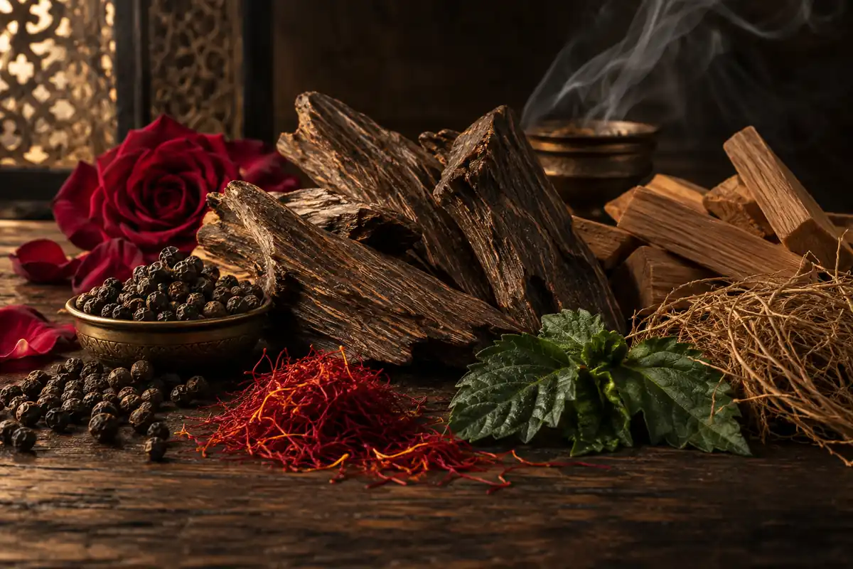 Madera de oud, sándalo, vetiver, pachulí, azafrán, pimienta negra, rosa e incienso