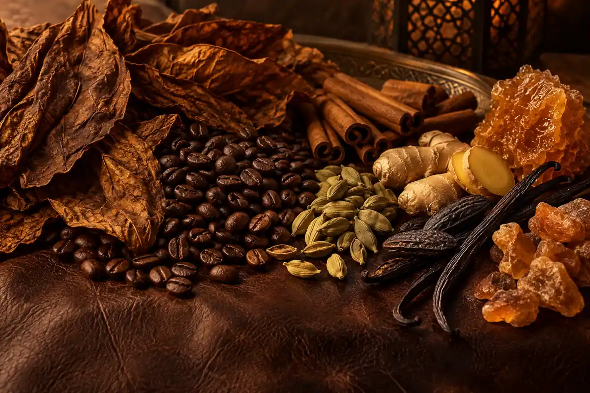 Hojas de tabaco, café, canela, cardamomo, jengibre, haba tonka, vainilla y benjuí