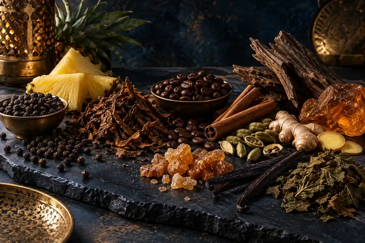Pimienta negra, piña, tabaco, café, canela, cardamomo, jengibre, benjuí, vainilla, pachulí, madera y ámbar