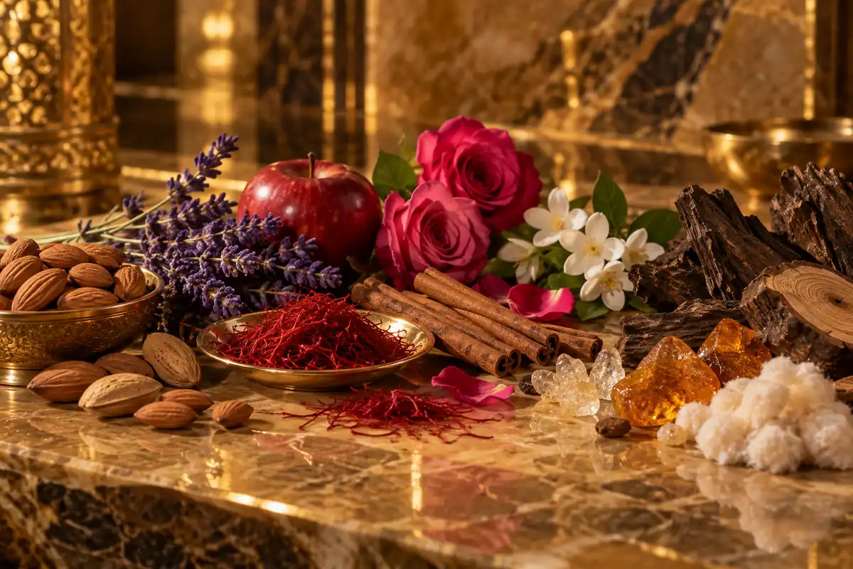 Almendra, azafrán, manzana, lavanda, canela, rosa, jazmín, cedro, ámbar, almizcle y maderas