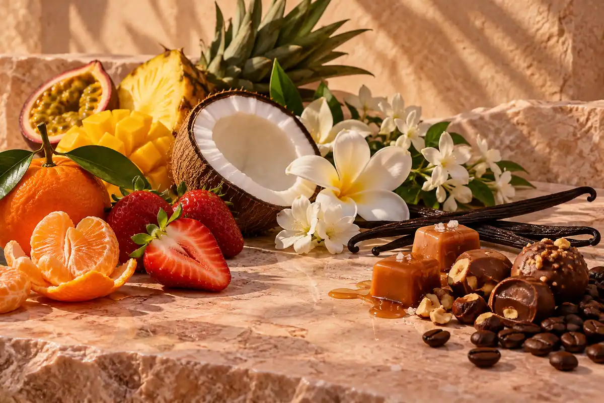 Mandarina, fresa, frutas tropicales, coco, tiaré, jazmín, vainilla, caramelo, café y praliné