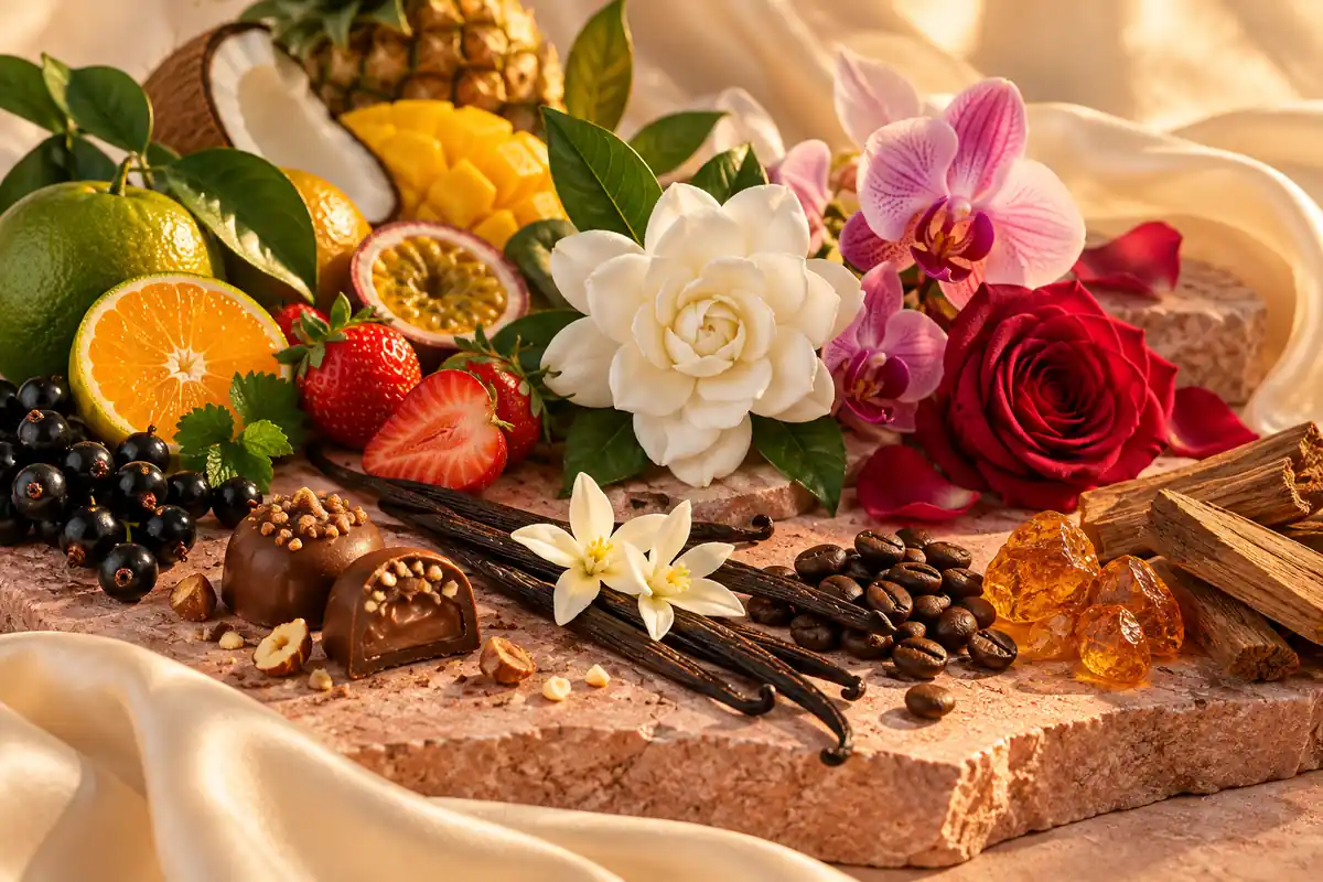 Mandarina, grosella negra, fresa, frutas tropicales, gardenia, orquídea, rosa, vainilla, praliné, café y ámbar