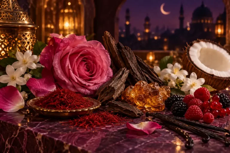Rosa de Damasco, oud, azafrán, ámbar, vainilla, frutos rojos, coco y flores blancas