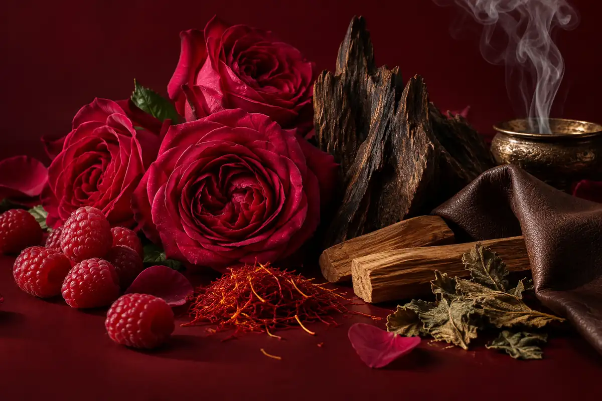 Rosas de Damasco, frambuesa, azafrán, oud, sándalo, cuero, pachulí e incienso