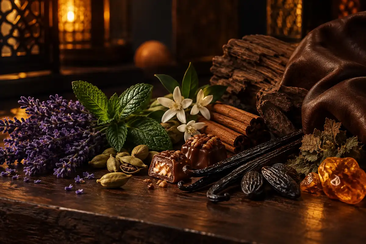 Lavanda, menta, cardamomo, azahar, canela, praliné, vainilla, haba tonka, cuero, pachulí y ámbar