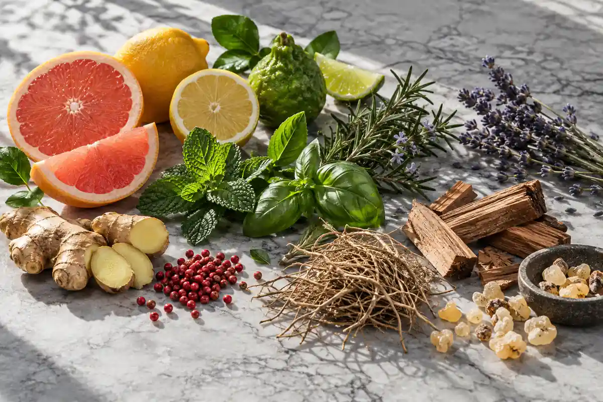 Pomelo, limón, bergamota, menta, romero, albahaca, jengibre, lavanda, vetiver, cedro e incienso