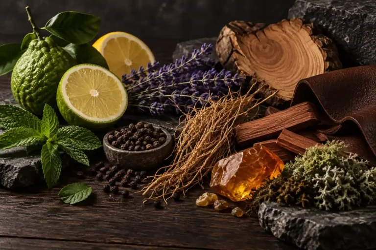 Bergamota, limón, lavanda, menta, pimienta, vetiver, cedro, sándalo, cuero, ámbar y musgo de perfumes clásicos de hombre