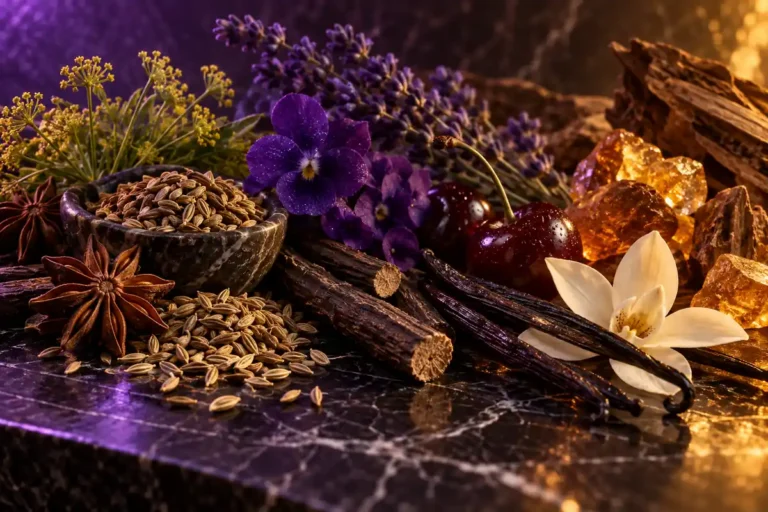 Anís estrellado, semillas de anís, violeta, cereza, vainilla, maderas y ámbar de perfumes con anís