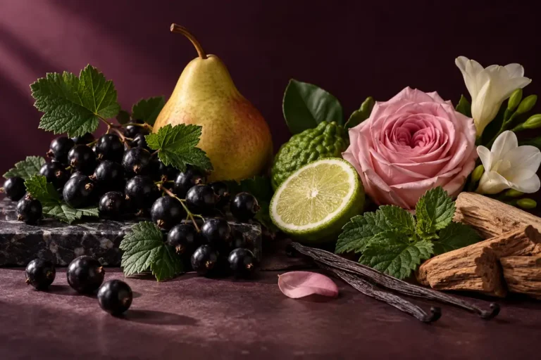 Grosellas negras con pera, bergamota, rosa, fresia, vainilla y maderas sobre fondo burdeos