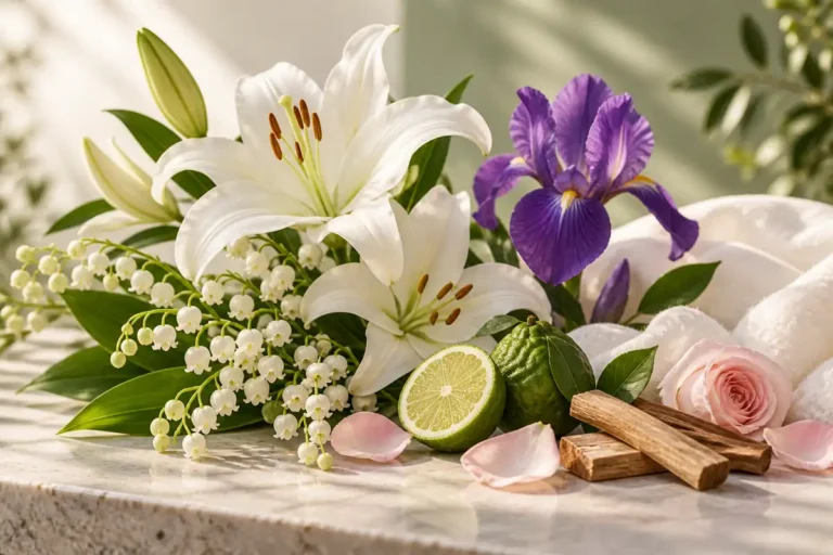 Lirios blancos, lirio de los valles, iris violeta, bergamota, rosa, sándalo y tela blanca