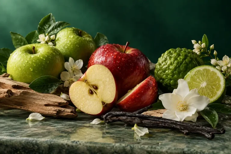 Manzanas verdes y rojas con bergamota, flores blancas, vainilla y madera sobre fondo esmeralda