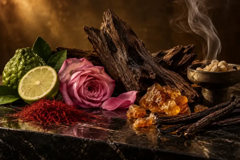 Madera de oud con rosa, azafrán, ámbar, especias, tabaco y notas minerales