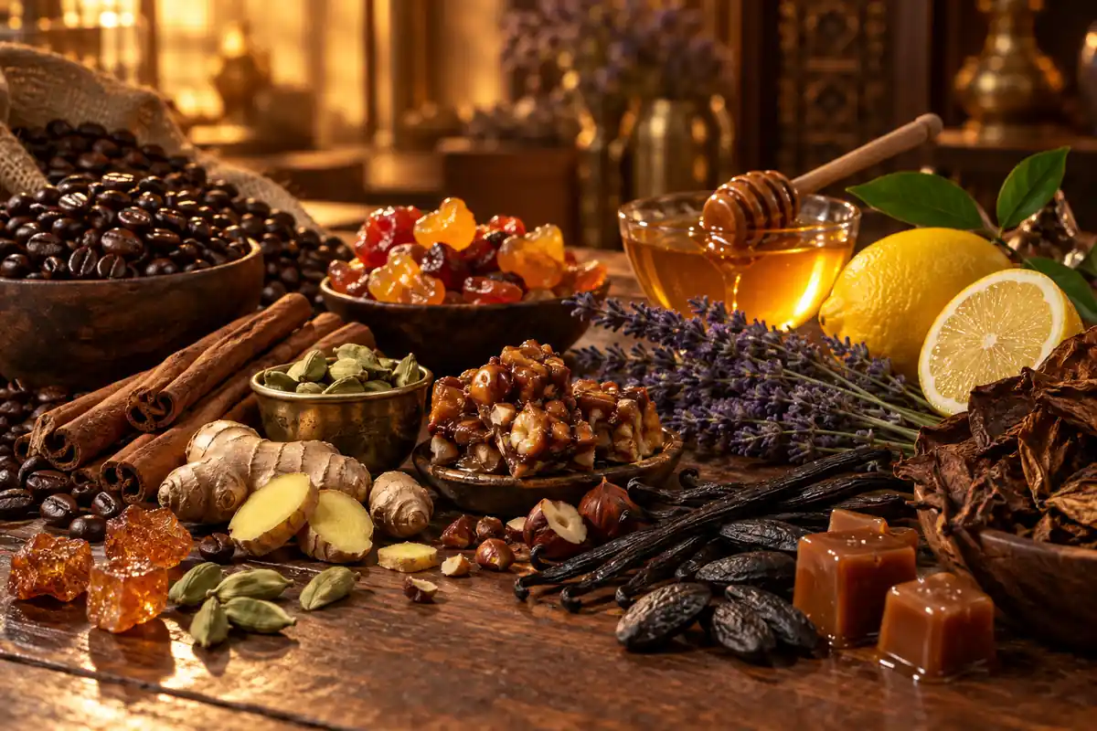 Café, canela, cardamomo, jengibre, praliné, miel, limón, tabaco, tonka y vainilla de perfumes gourmand duraderos
