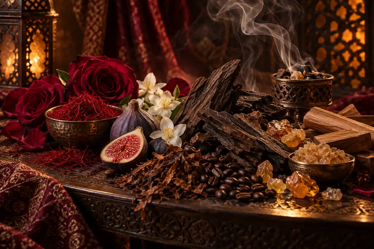 Oud, azafrán, rosa, higo, resinas, tabaco, café, incienso, sándalo y ámbar de perfumes intensos
