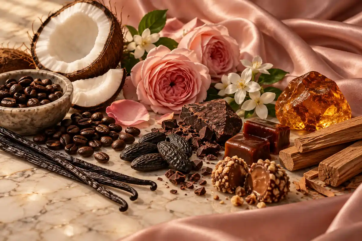Vainilla, café, haba tonka, cacao, caramelo, coco, rosa, jazmín, praliné, ámbar y sándalo