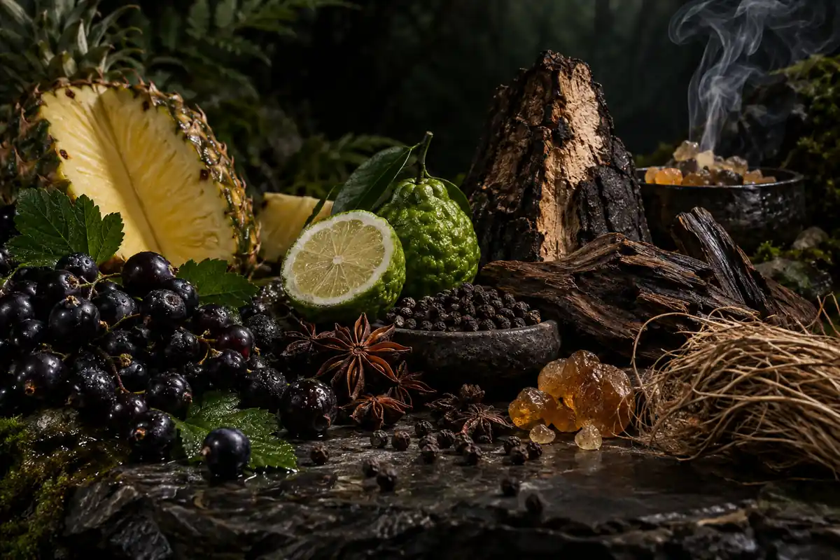Grosellas negras con piña, bergamota, anís estrellado, pimienta, maderas oscuras, incienso y vetiver