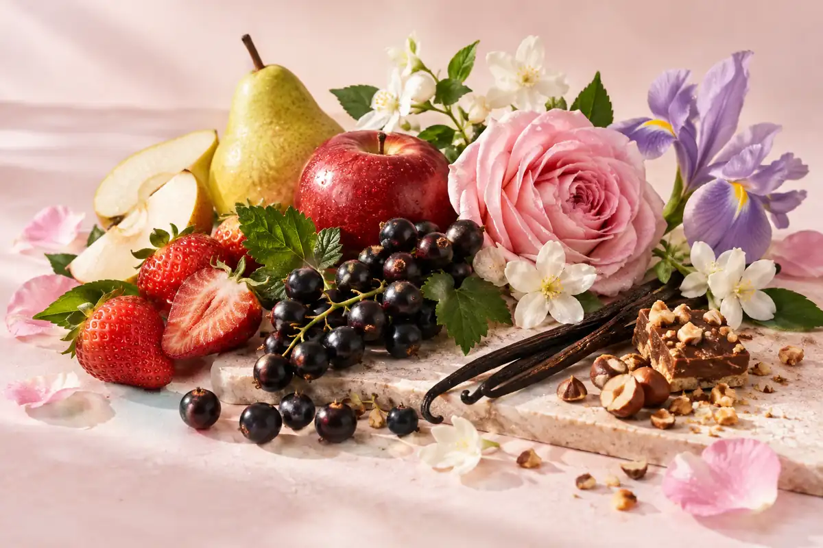 Pera, manzana, fresa, grosella negra, rosa, iris, jazmín, vainilla y praliné