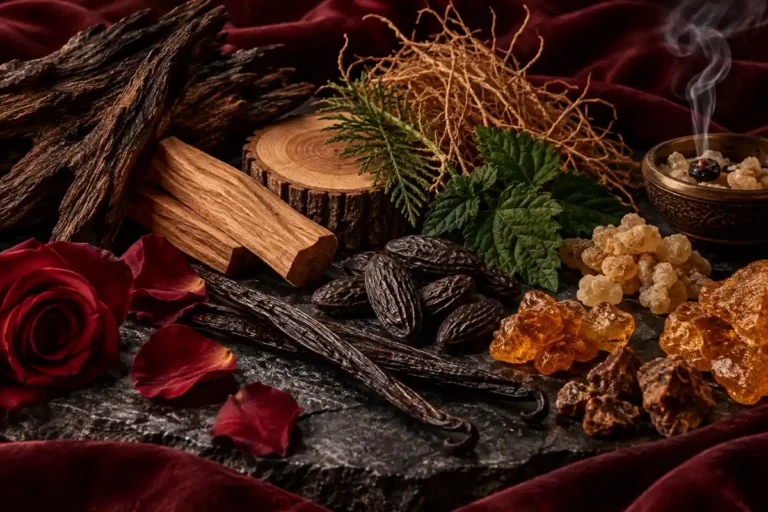 Oud, sándalo, cedro, vetiver, pachulí, vainilla, haba tonka, benjuí, ámbar, incienso y rosa