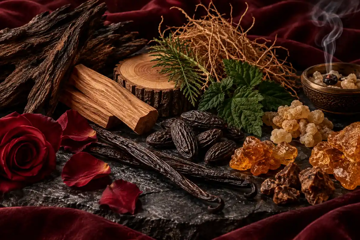 Oud, sándalo, cedro, vetiver, pachulí, vainilla, haba tonka, benjuí, ámbar, incienso y rosa