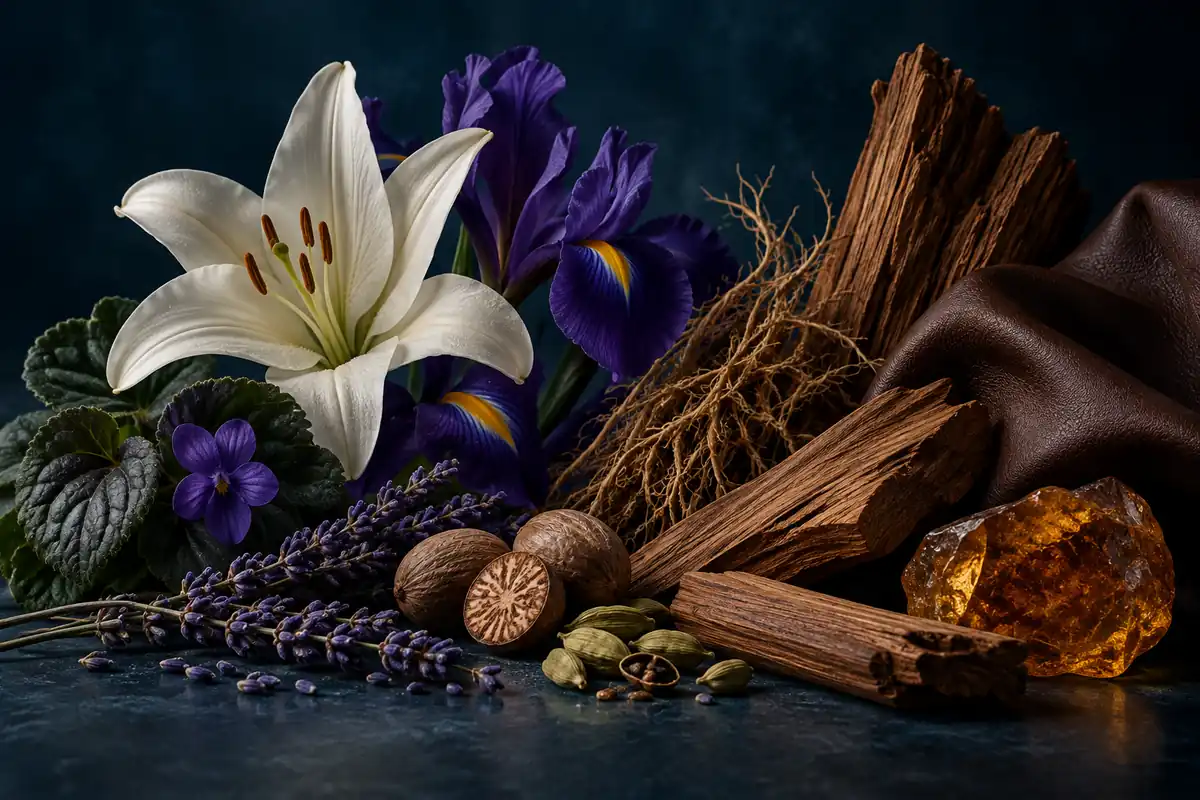 Lirio blanco, iris violeta, hojas de violeta, lavanda, cardamomo, nuez moscada, cedro, vetiver, cuero y ámbar